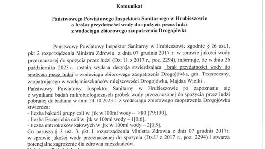 DROGOJÓWKA: Brak przydatności wody do spożycia przez ludzi